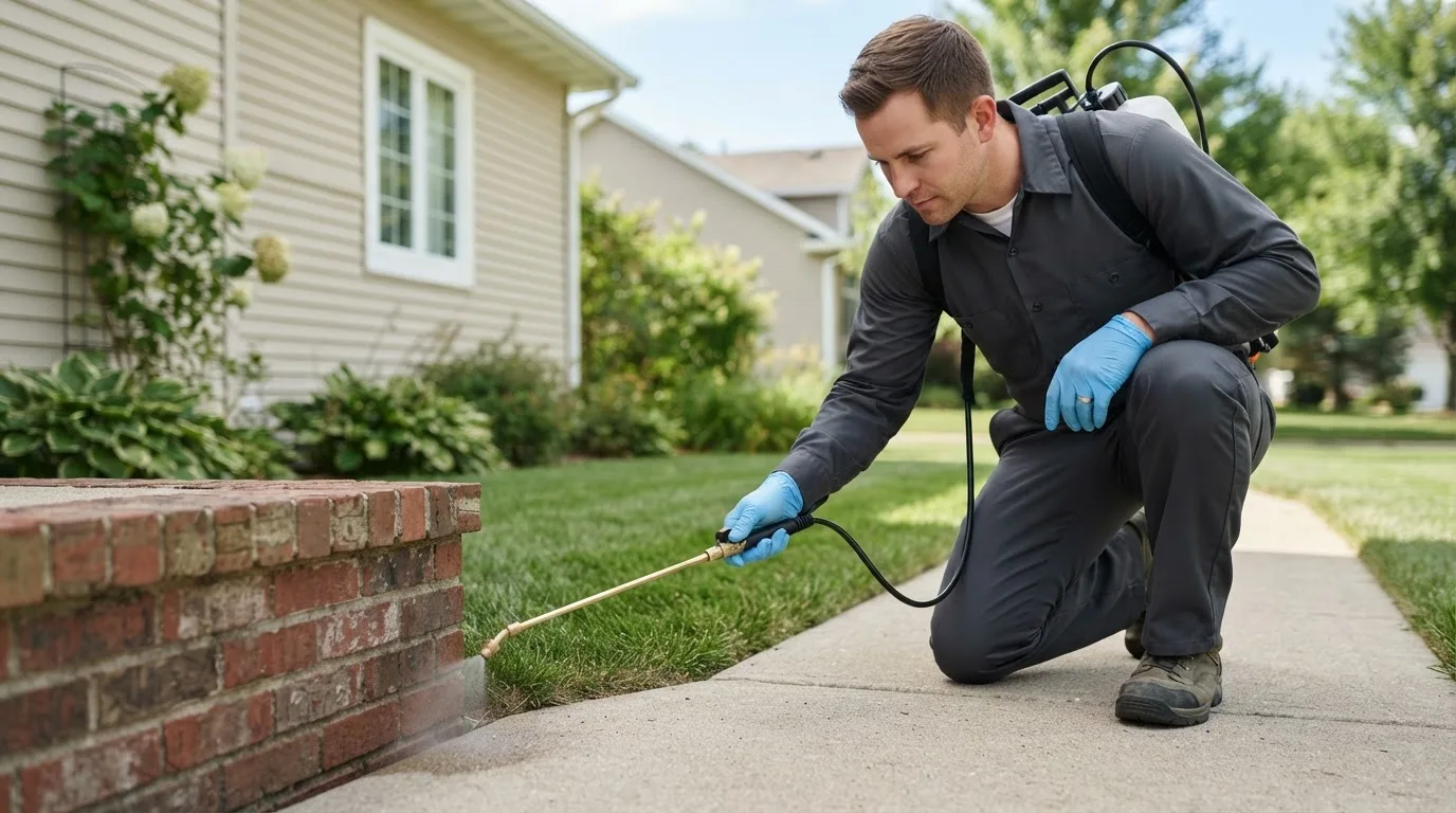 Pest control technician treating a home near Arnolds Park, IA